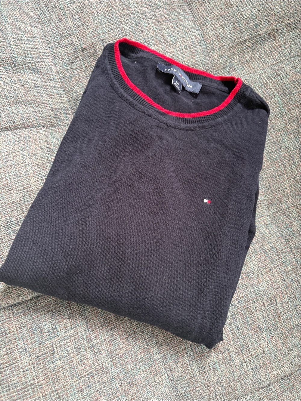 Tommy Hilfiger Navy Crewneck Sweater with Red and White Stripe Cuffs